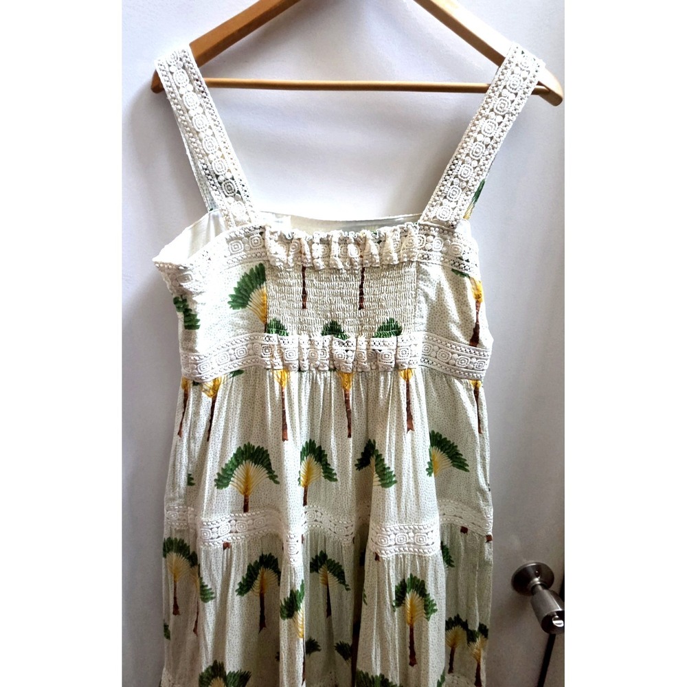 Calypso St. Barth Dress L Maxi Tiered Palm Trees Crochet Lace Straps Cream/Green - Picture 10 of 15